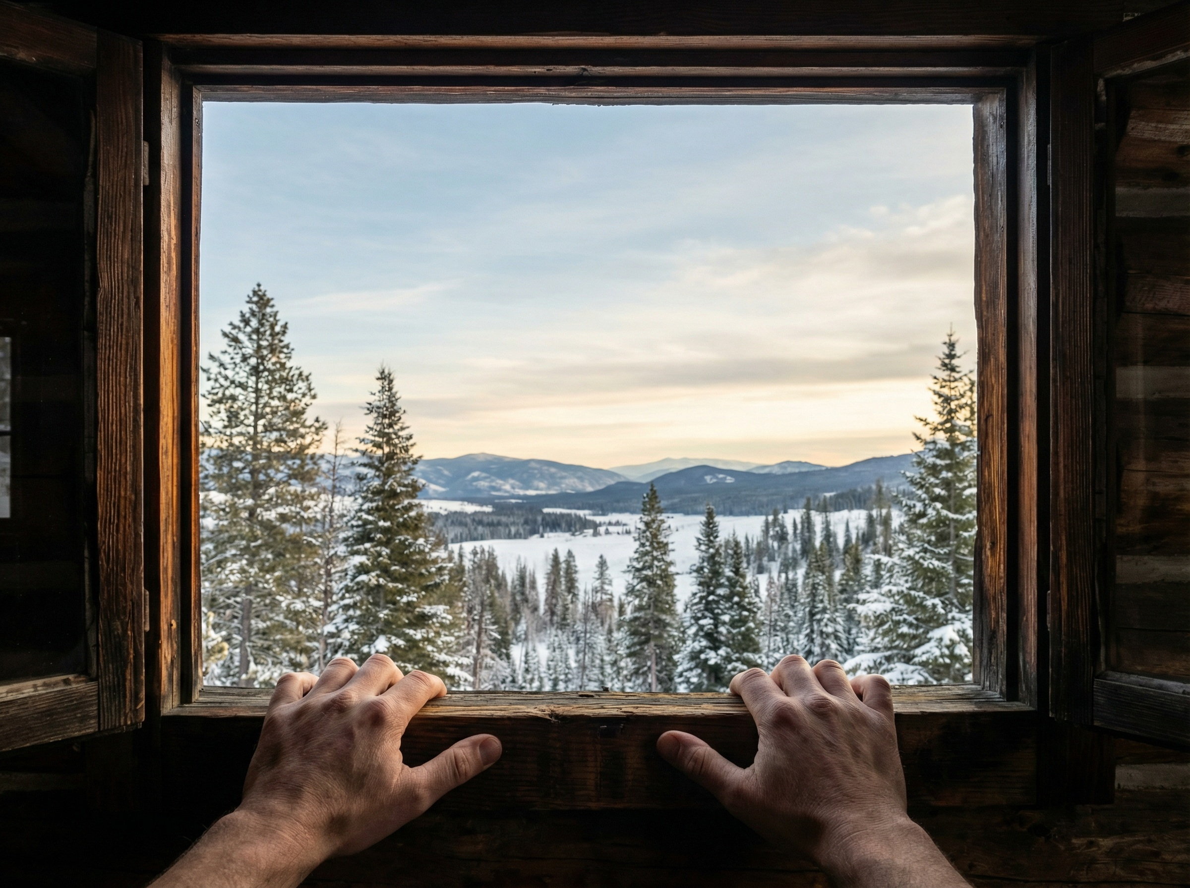 Looking through a log cabin window at the Idaho mountains — the Chase Construction experience