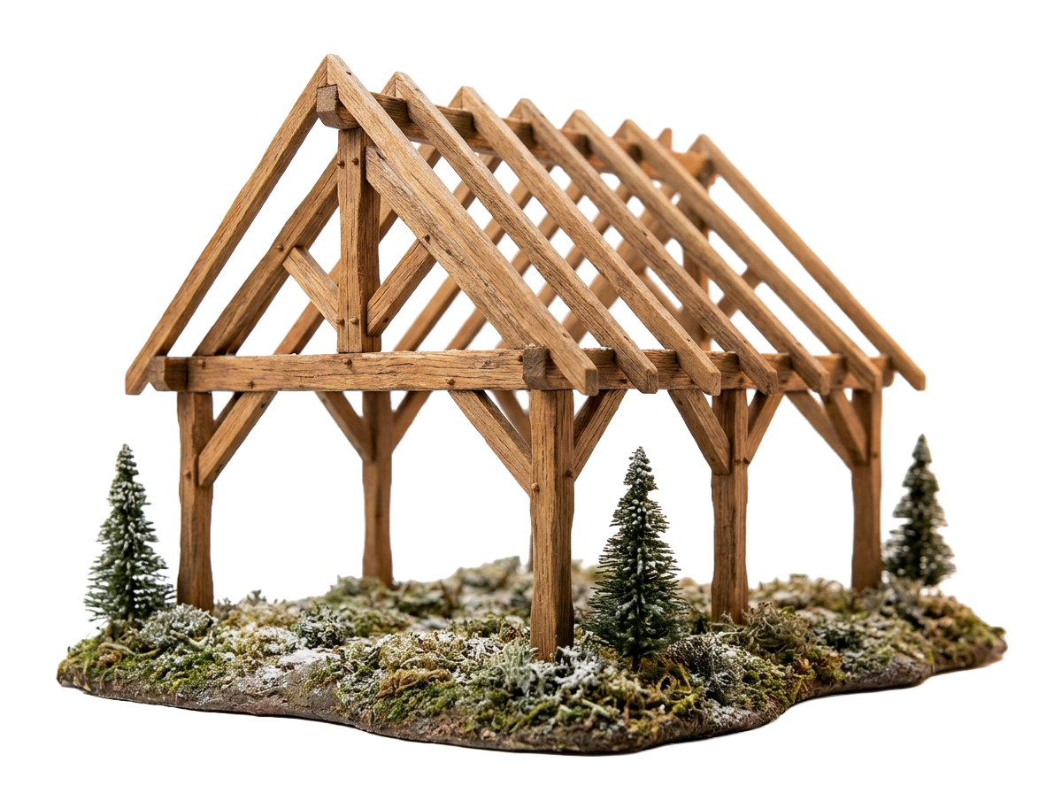 Handcrafted miniature model of an exposed timber-frame truss structure