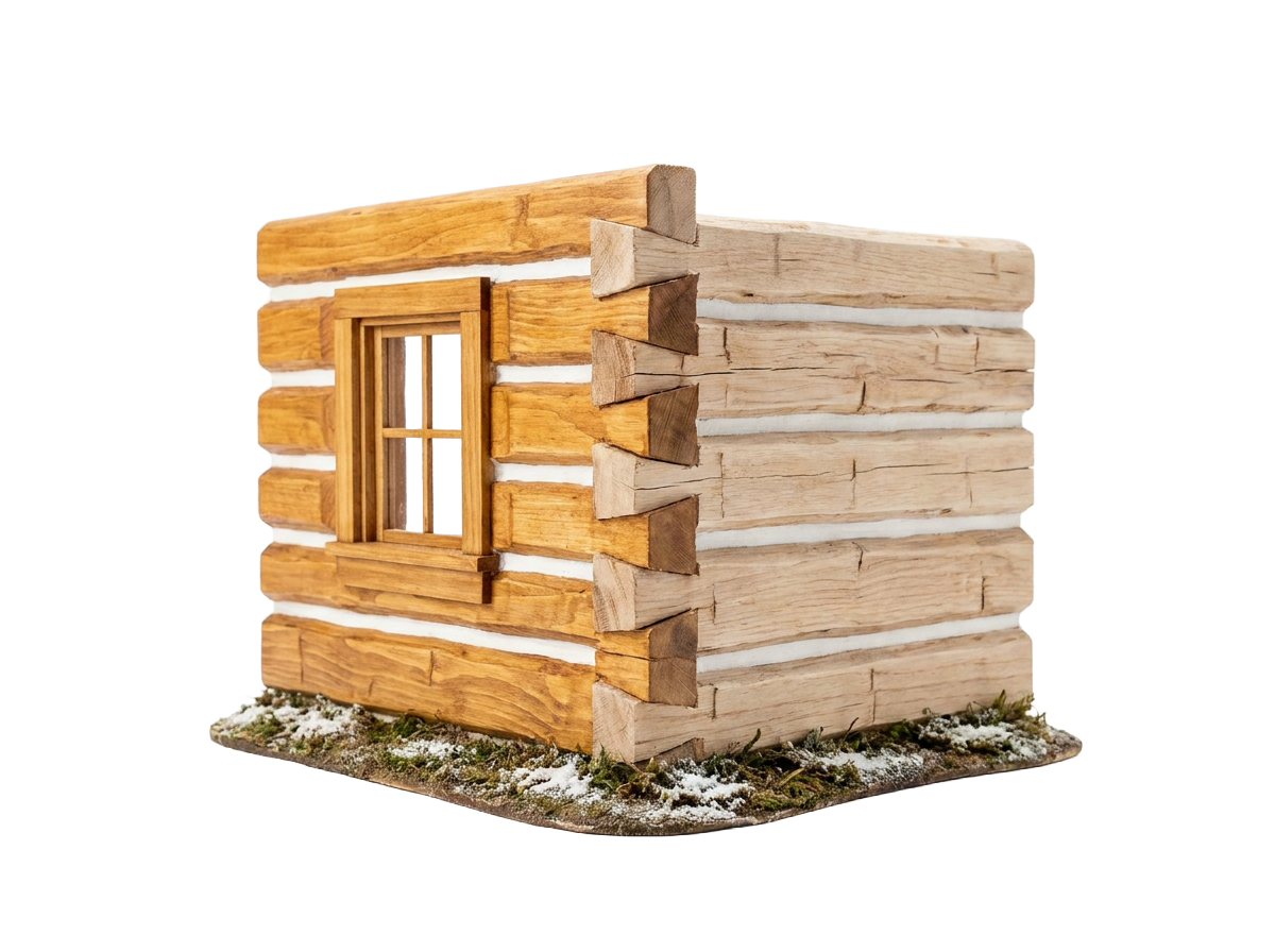 Handcrafted miniature model of a log wall corner showing chinking and finishes