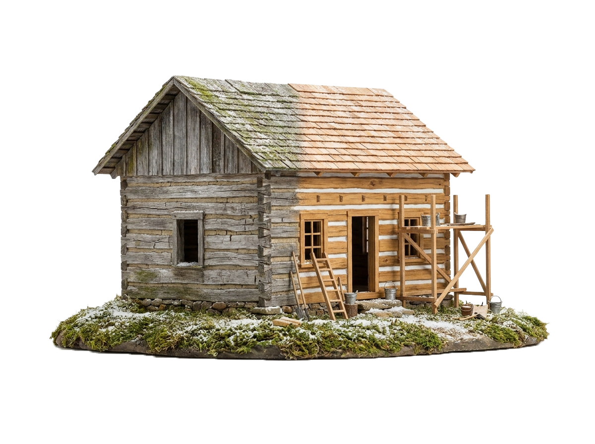 Handcrafted miniature model of a log cabin mid-restoration