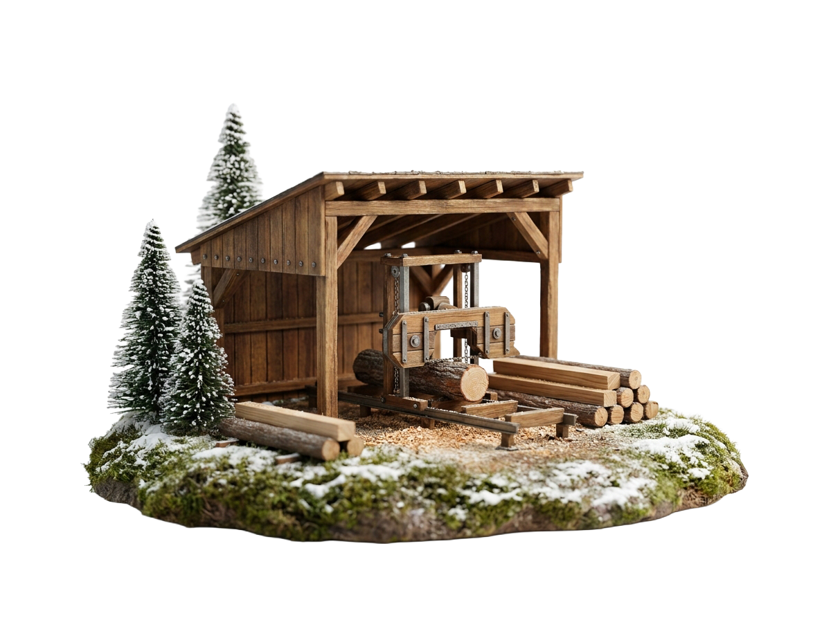 Handcrafted miniature model of a timber sawmill with stacked lumber