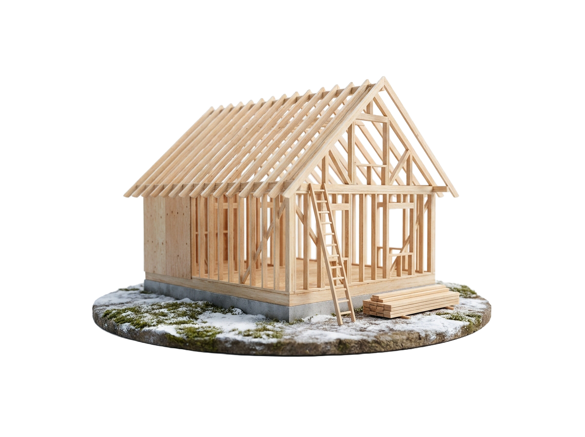 Handcrafted miniature model of a stick-framed house under construction